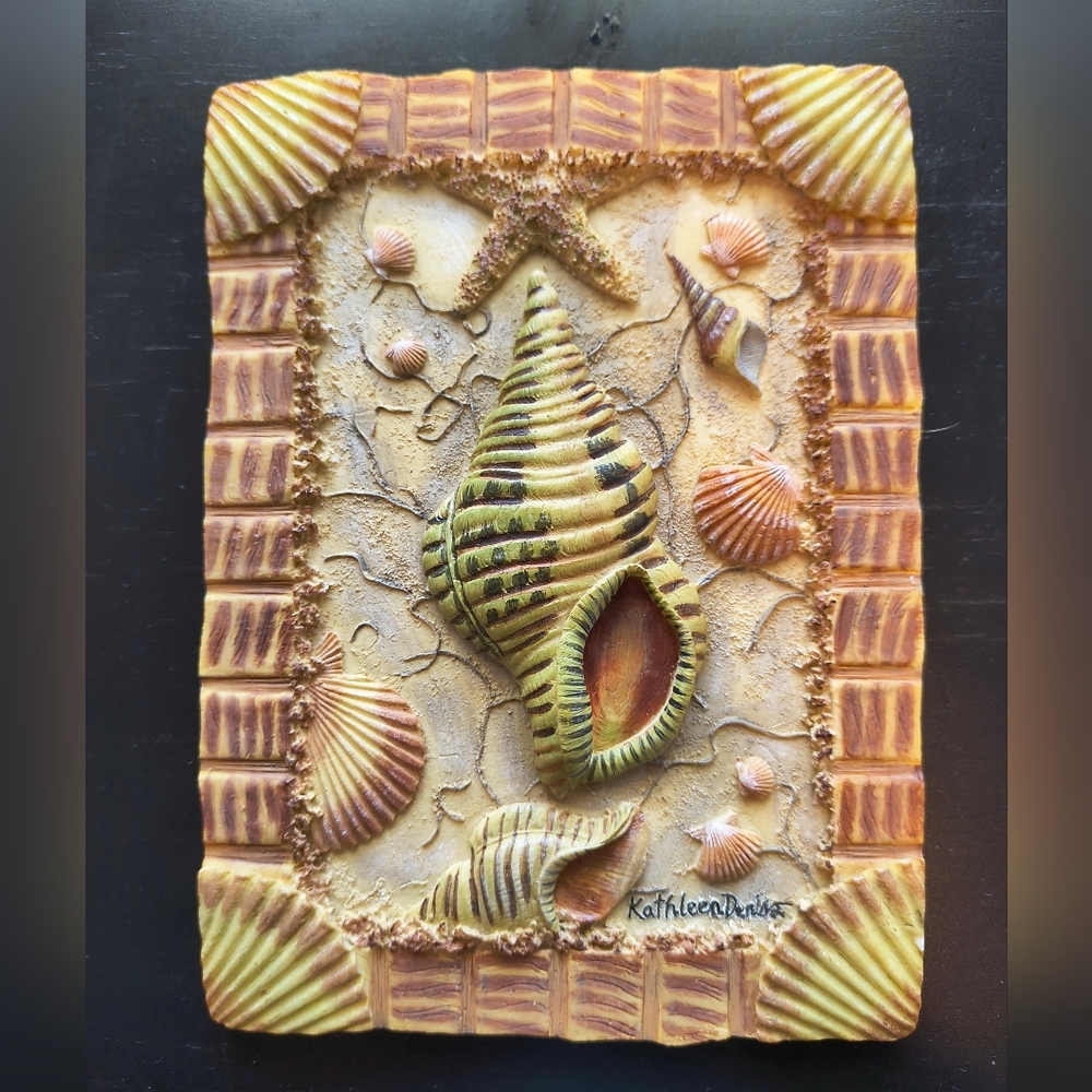 Seashell Wall Conch Shell Starfish 3-D Art  Plaque Ceramic Signed Kathleen Denis